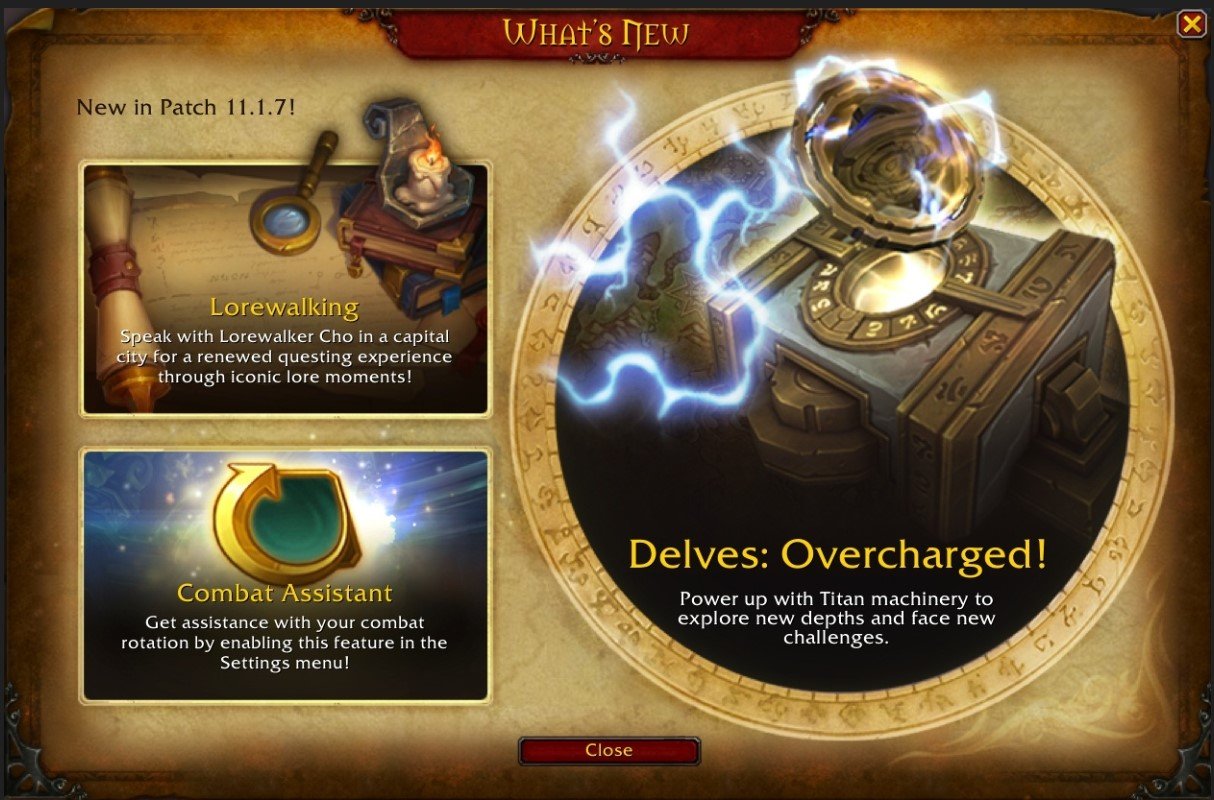 Patch 11.1.7 Splash Screen - Lorewalking, Overcharged Delves, Combat Assistant 1 Patch 11.1.7
